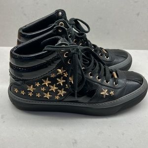 Jimmy Choo Belgravia gold star stud leather hi top sneakers 40
